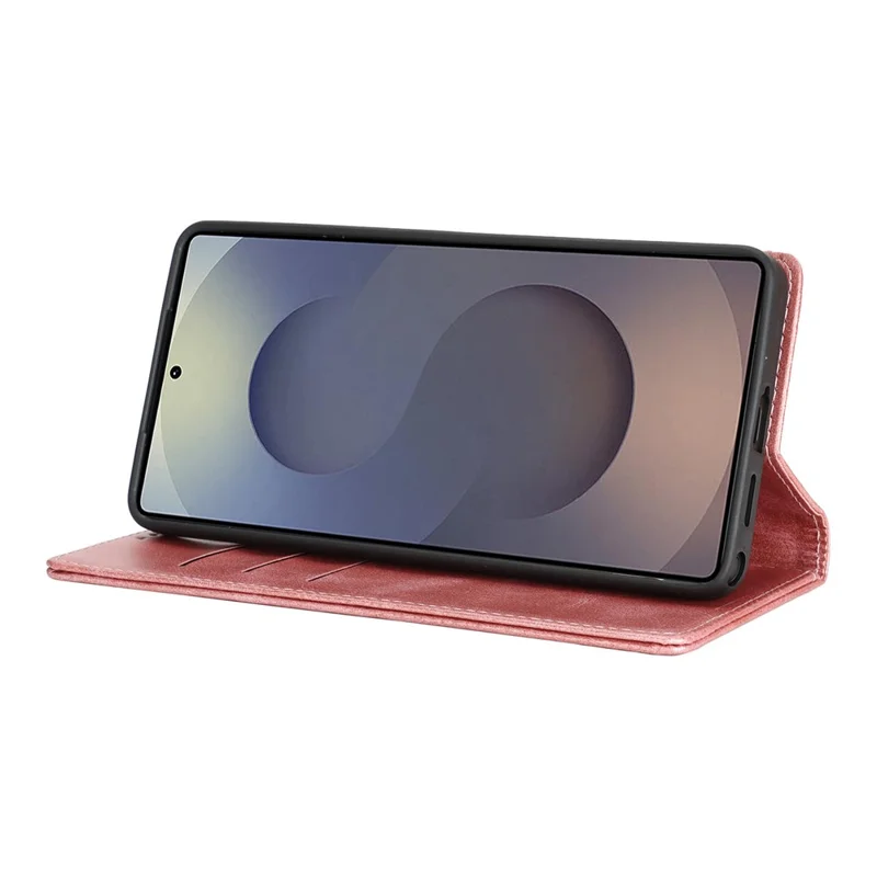 For Samsung Galaxy S26 Ultra Case PU Leather Calf Textured Magnetic Closing Smart Phone Cover - Rose Gold