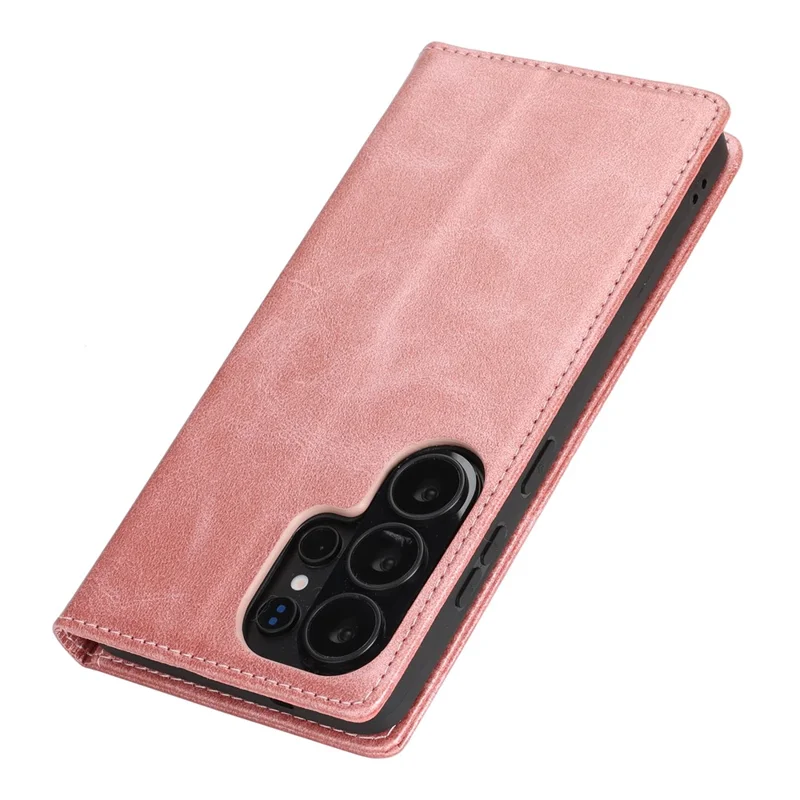 For Samsung Galaxy S26 Ultra Case PU Leather Calf Textured Magnetic Closing Smart Phone Cover - Rose Gold