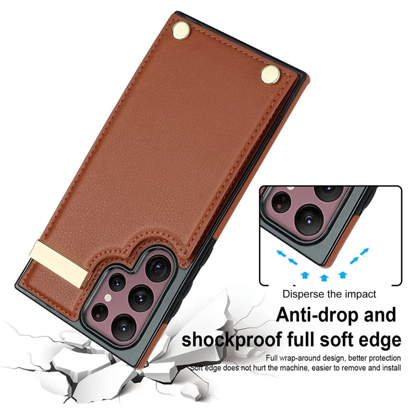 For Samsung Galaxy S26 Ultra Case TPU + PU Leather Hardware Decor Phone Cover with Card Holder - Brown - 4