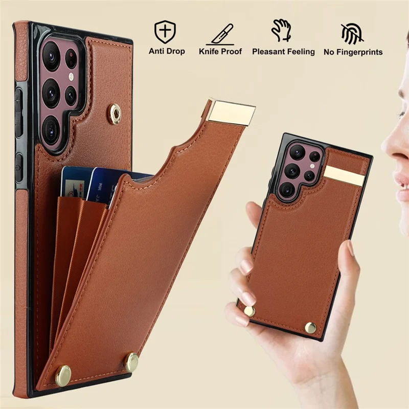 For Samsung Galaxy S26 Ultra Case TPU + PU Leather Hardware Decor Phone Cover with Card Holder - Brown - 5