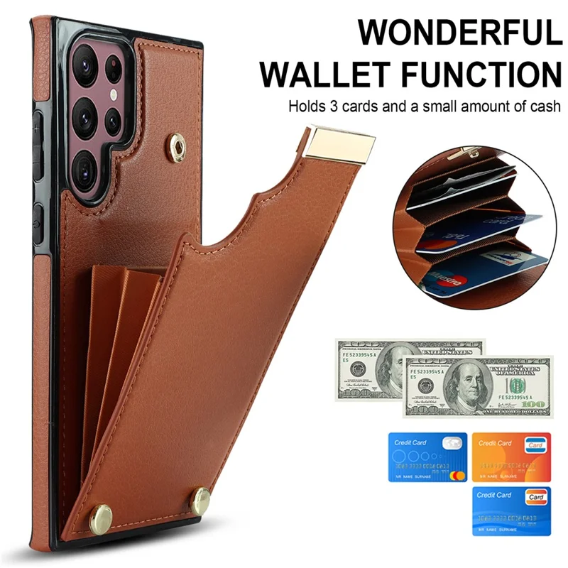 For Samsung Galaxy S26 Ultra Case TPU + PU Leather Hardware Decor Phone Cover with Card Holder - Brown - 7