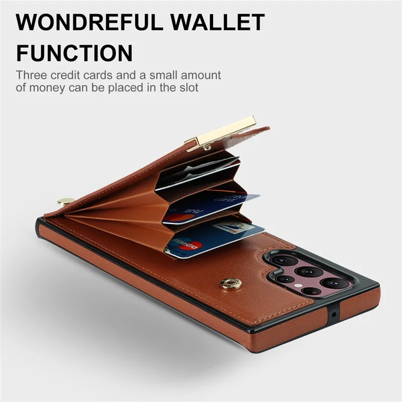 For Samsung Galaxy S26 Ultra Case TPU + PU Leather Hardware Decor Phone Cover with Card Holder - Brown - 8