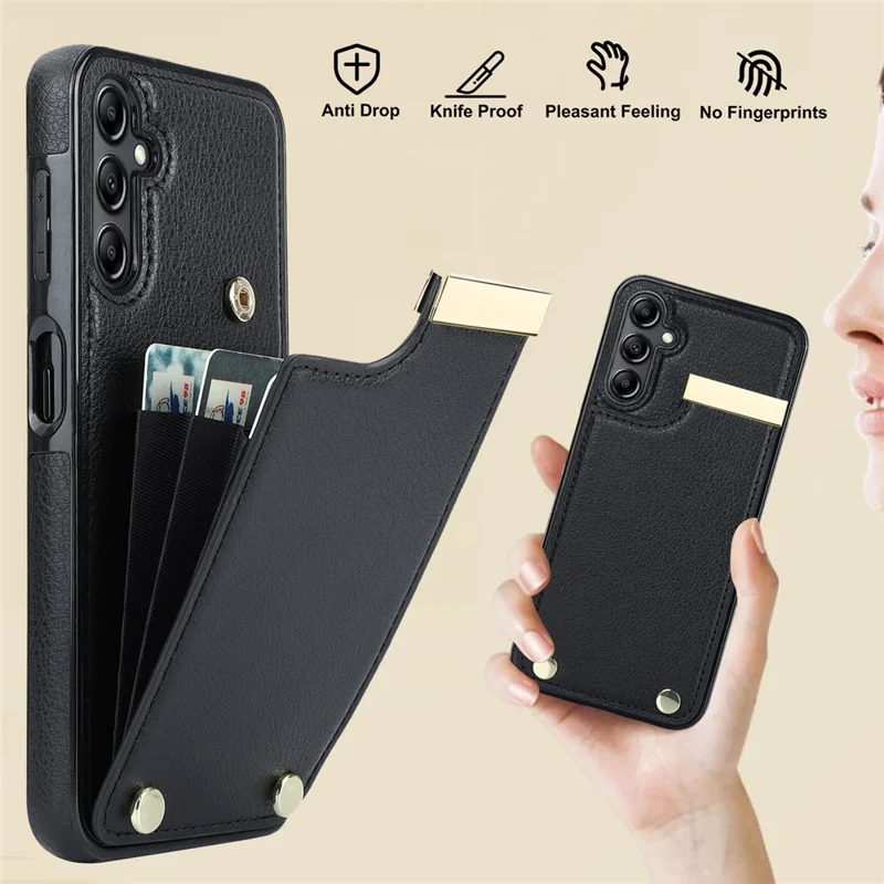 For Samsung Galaxy S26 Case TPU + PU Leather Hardware Decor Phone Cover with Card Holder - Black - 5
