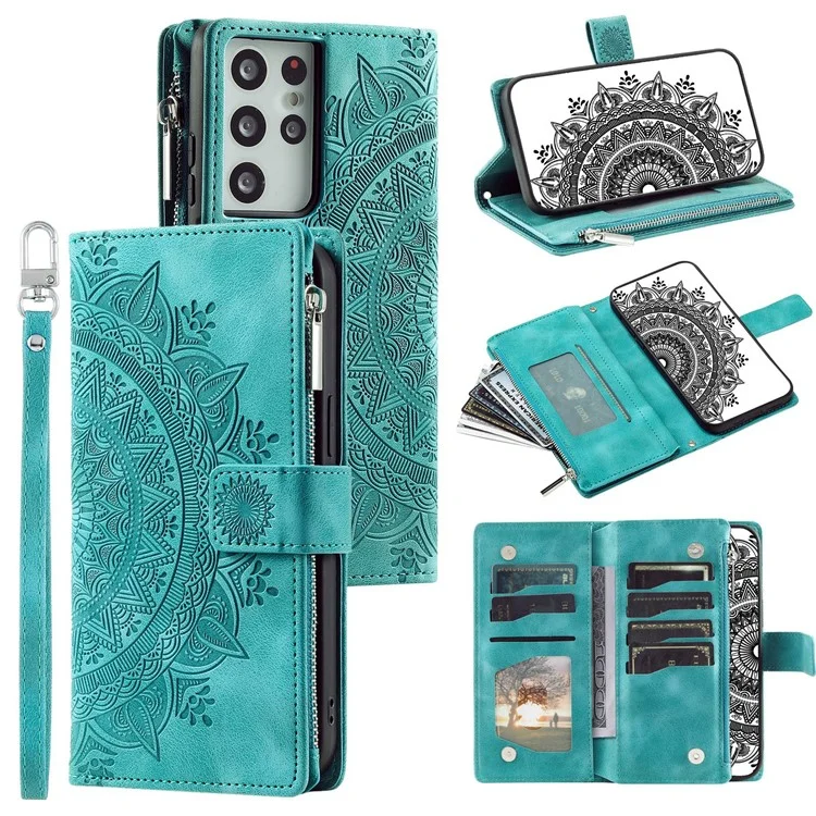 For Samsung Galaxy S21 Ultra 5G Protective Cover Mandala Flower Imprinted PU Leather Case Magnetic Clasp Multi Card Slot Anti-Drop Cover with Zippered Wallet / Strap - Green