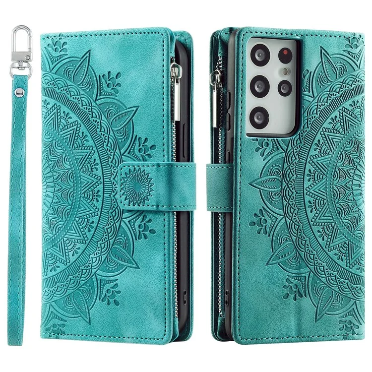 For Samsung Galaxy S21 Ultra 5G Protective Cover Mandala Flower Imprinted PU Leather Case Magnetic Clasp Multi Card Slot Anti-Drop Cover with Zippered Wallet / Strap - Green