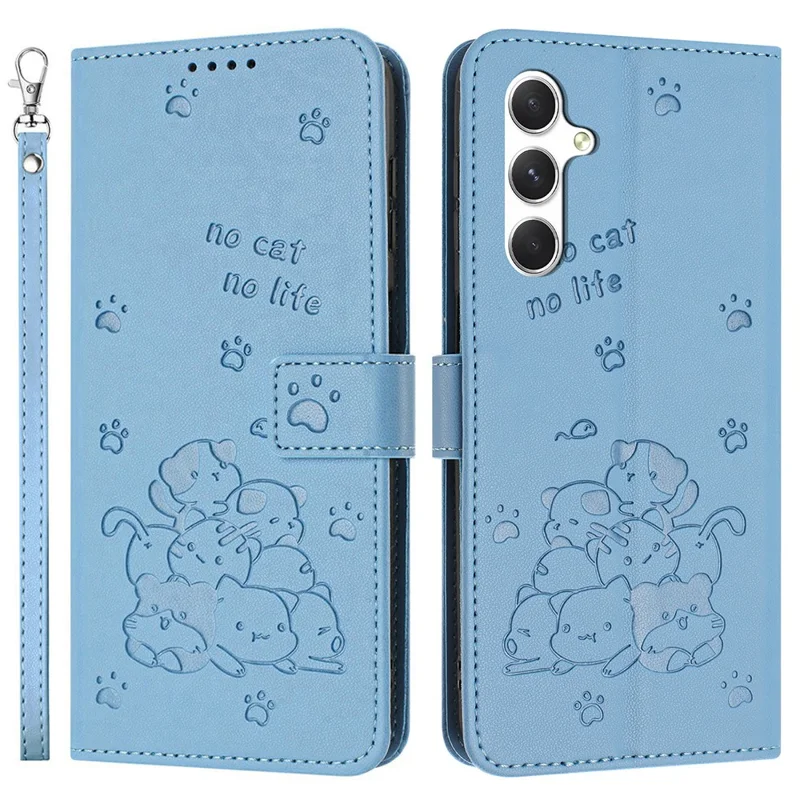 For Samsung Galaxy A37 5G Wallet Case Cats Imprint Leather Phone Cover with Strap - Blue