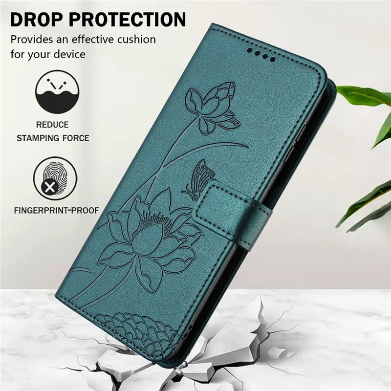 For Samsung Galaxy A37 5G Case Wallet Stand Lotus Imprint Leather Phone Cover with Wrist Strap - Dark Green