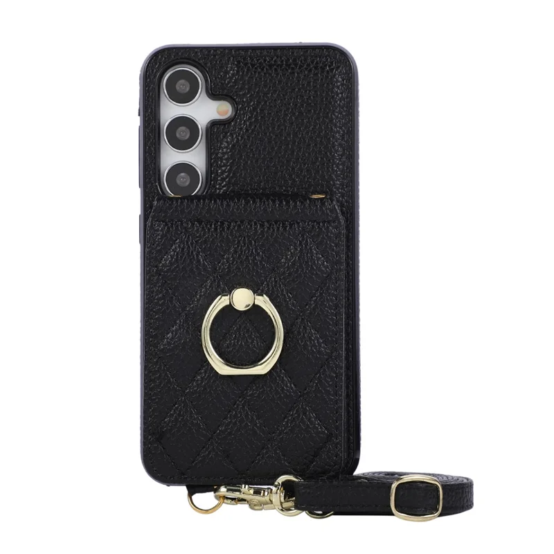 For Samsung Galaxy S26 Case Vertical Flip PU Leather TPU PC Phone Cover with Ring Holder and Shoulder Strap - Black