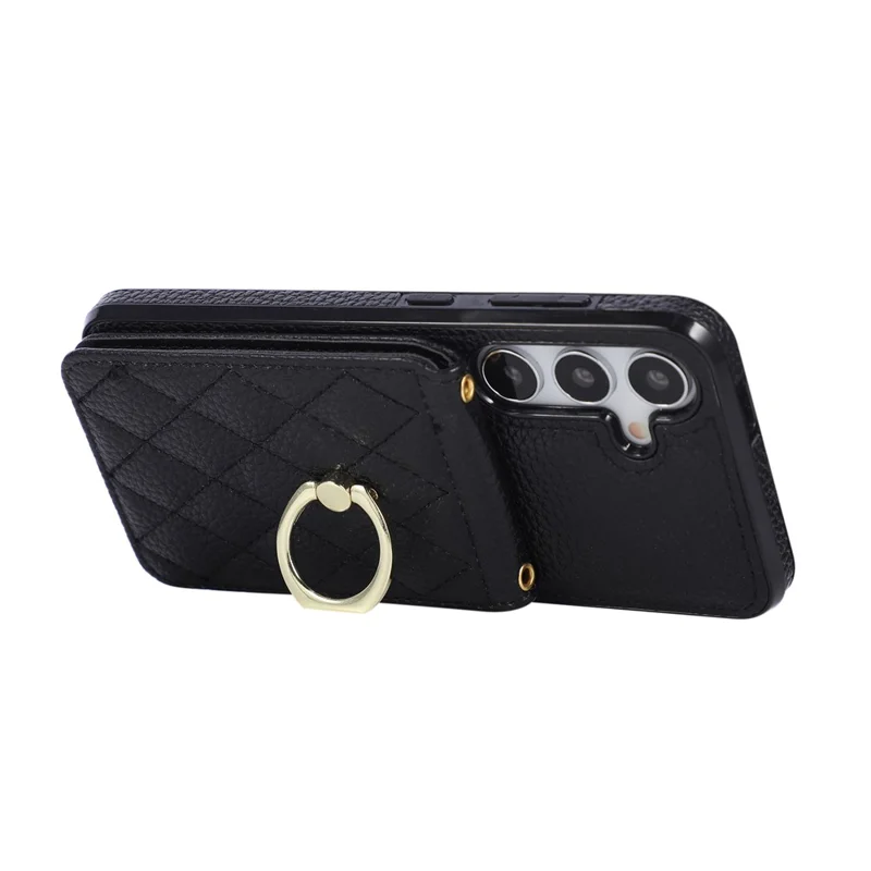 For Samsung Galaxy S26 Case Vertical Flip PU Leather TPU PC Phone Cover with Ring Holder and Shoulder Strap - Black