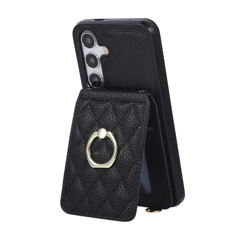 For Samsung Galaxy S26 Case Vertical Flip PU Leather TPU PC Phone Cover with Ring Holder and Shoulder Strap - Black