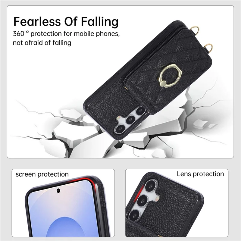 For Samsung Galaxy S26 Case Vertical Flip PU Leather TPU PC Phone Cover with Ring Holder and Shoulder Strap - Black