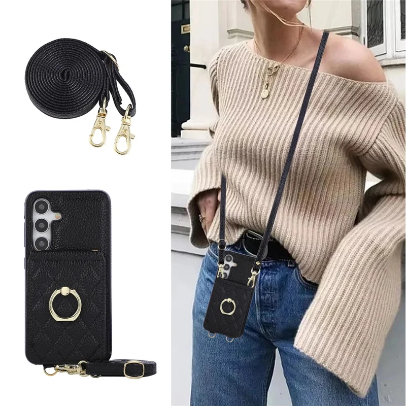 For Samsung Galaxy A37 5G Case Vertical Flip PU Leather TPU PC Phone Cover with Ring Holder and Shoulder Strap - Black