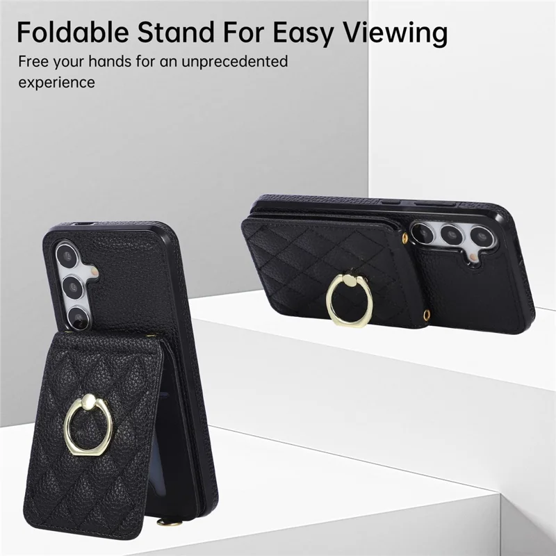 For Samsung Galaxy A57 5G Case Vertical Flip PU Leather TPU PC Phone Cover with Ring Holder and Shoulder Strap - Black