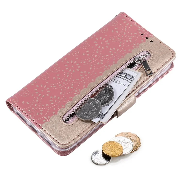 For Samsung Galaxy S23 PU Leather Shockproof Case Zipper Wallet Phone Case Lace Flower Pattern Phone Stand Cover with Bowknot Wrist Strap - Rose Gold