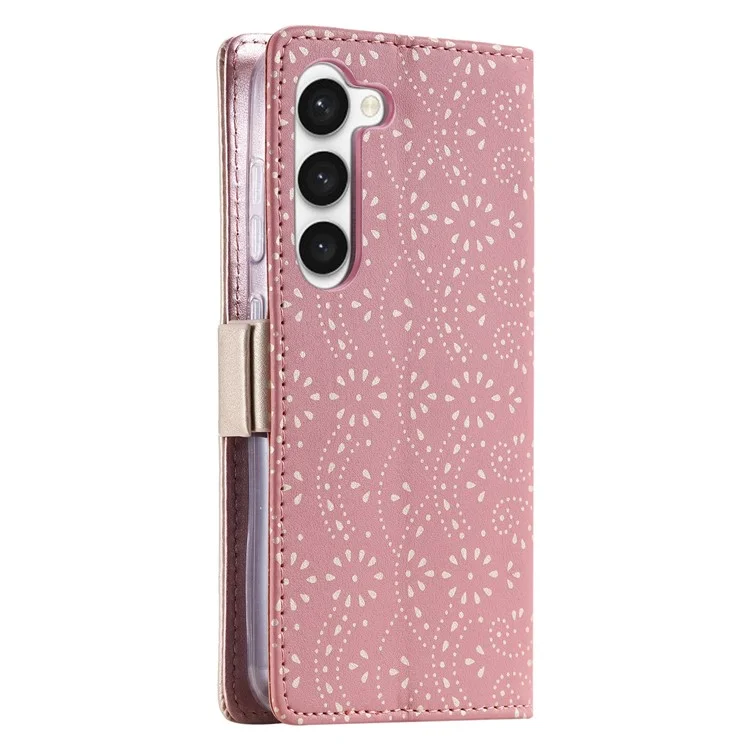 For Samsung Galaxy S23 PU Leather Shockproof Case Zipper Wallet Phone Case Lace Flower Pattern Phone Stand Cover with Bowknot Wrist Strap - Rose Gold