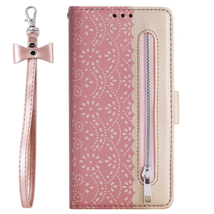 For Samsung Galaxy S23 PU Leather Shockproof Case Zipper Wallet Phone Case Lace Flower Pattern Phone Stand Cover with Bowknot Wrist Strap - Rose Gold