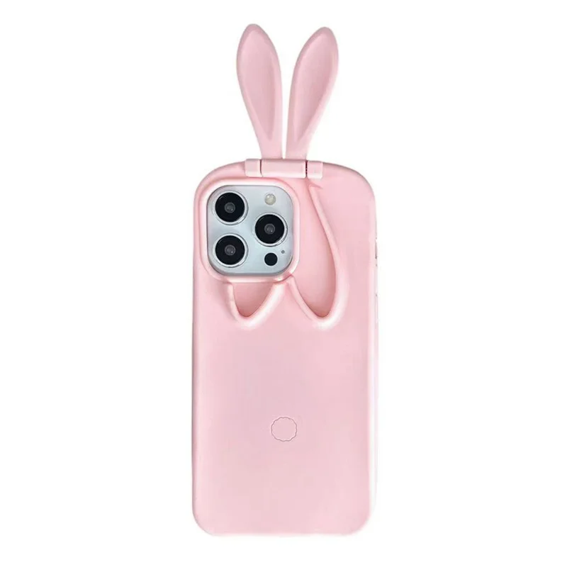 For iPhone 17 Pro Silicone Case with Cute 3D Rabbit Ears Camera Kickstand Phone Back Cover - Pink