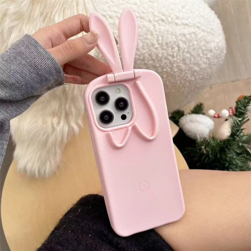 For iPhone 17 Pro Silicone Case with Cute 3D Rabbit Ears Camera Kickstand Phone Back Cover - Pink