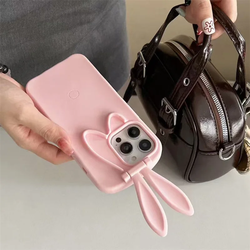 For iPhone 17 Pro Silicone Case with Cute 3D Rabbit Ears Camera Kickstand Phone Back Cover - Pink