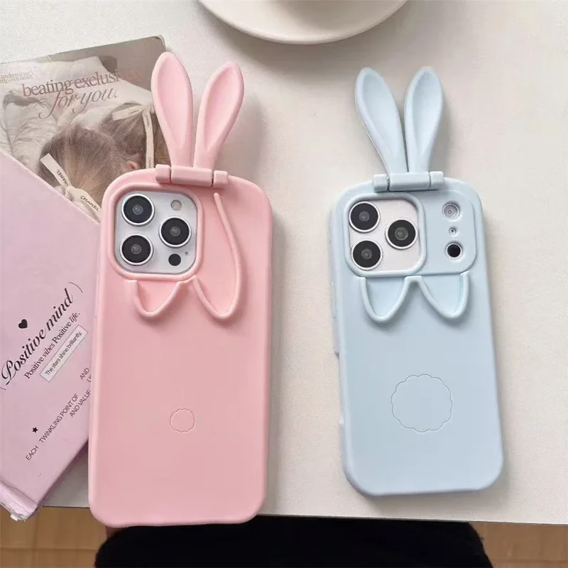 For iPhone 17 Pro Silicone Case with Cute 3D Rabbit Ears Camera Kickstand Phone Back Cover - Pink