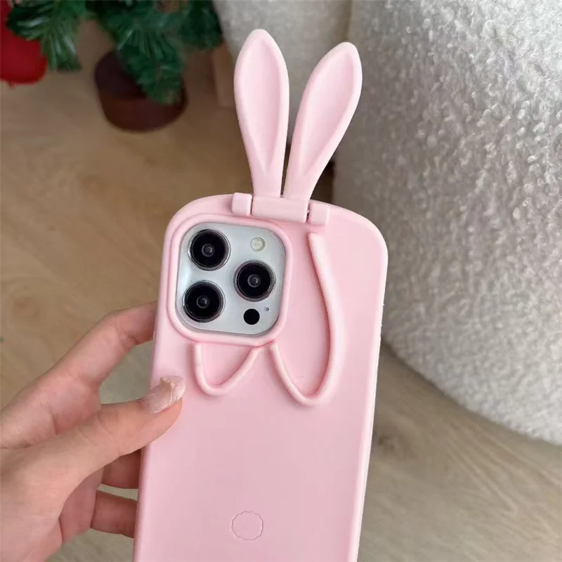 For iPhone 17 Pro Max Silicone Case with Cute 3D Rabbit Ears Camera Kickstand Phone Back Cover - Pink
