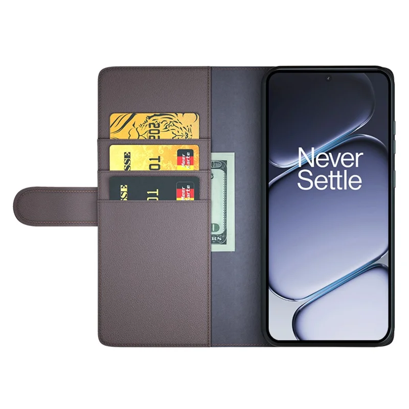 AMORUS For OnePlus Ace 6 5G Stand Cases Calf Texture Genuine Split Leather Wallet Phone Cover - Brown