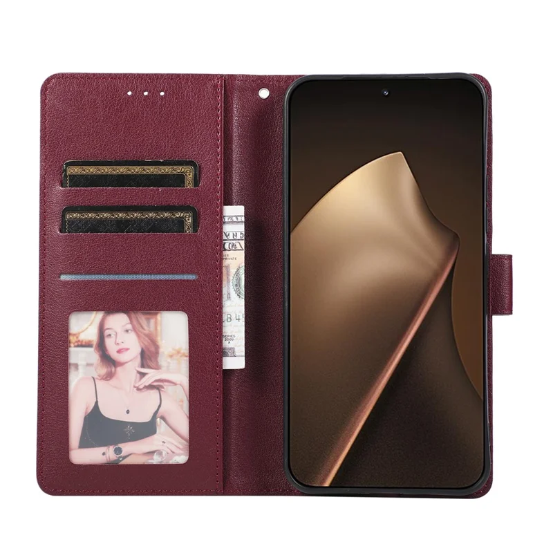 For Xiaomi 15T Pro Case PU Leather Wallet Stand Phone Cover with Wrist Strap - Wine Red