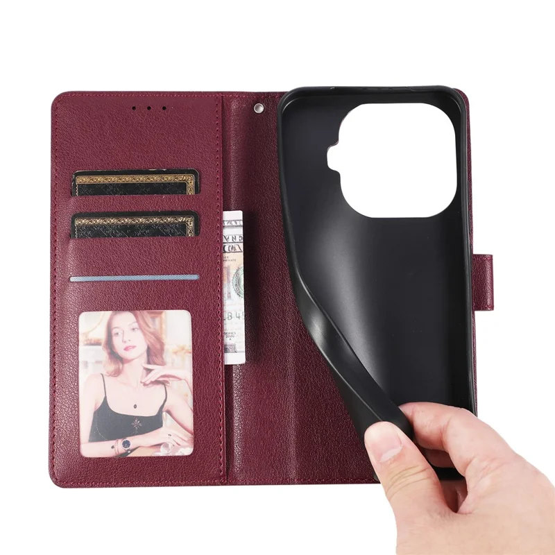 For Xiaomi 15T Pro Case PU Leather Wallet Stand Phone Cover with Wrist Strap - Wine Red