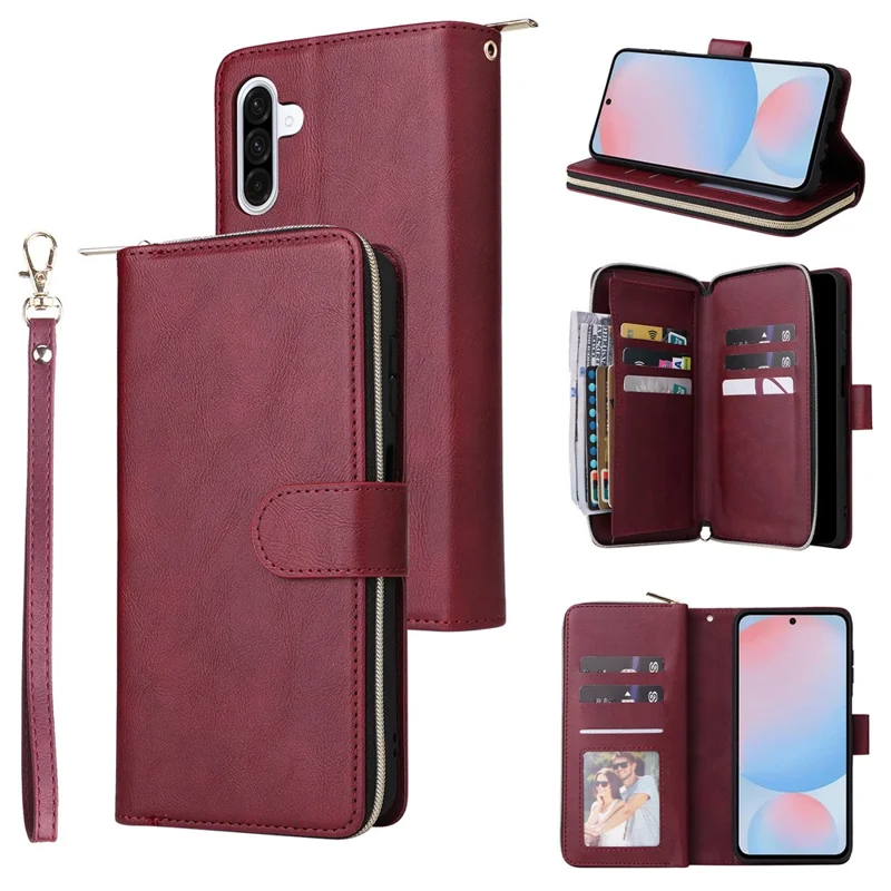 For Samsung Galaxy A36 5G Case Zipper Pocket 9 Card Slots PU Leather Phone Cover with Hand Strap - Wine Red