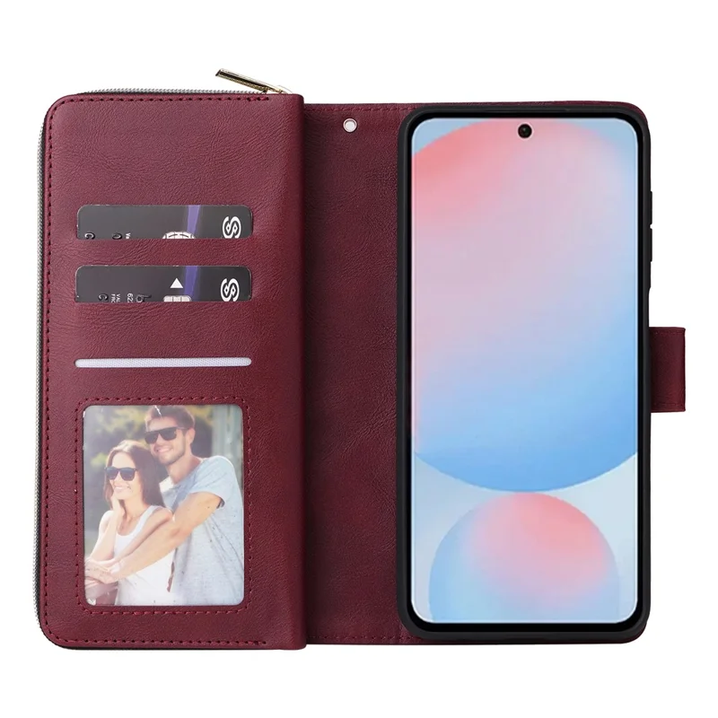 For Samsung Galaxy A36 5G Case Zipper Pocket 9 Card Slots PU Leather Phone Cover with Hand Strap - Wine Red