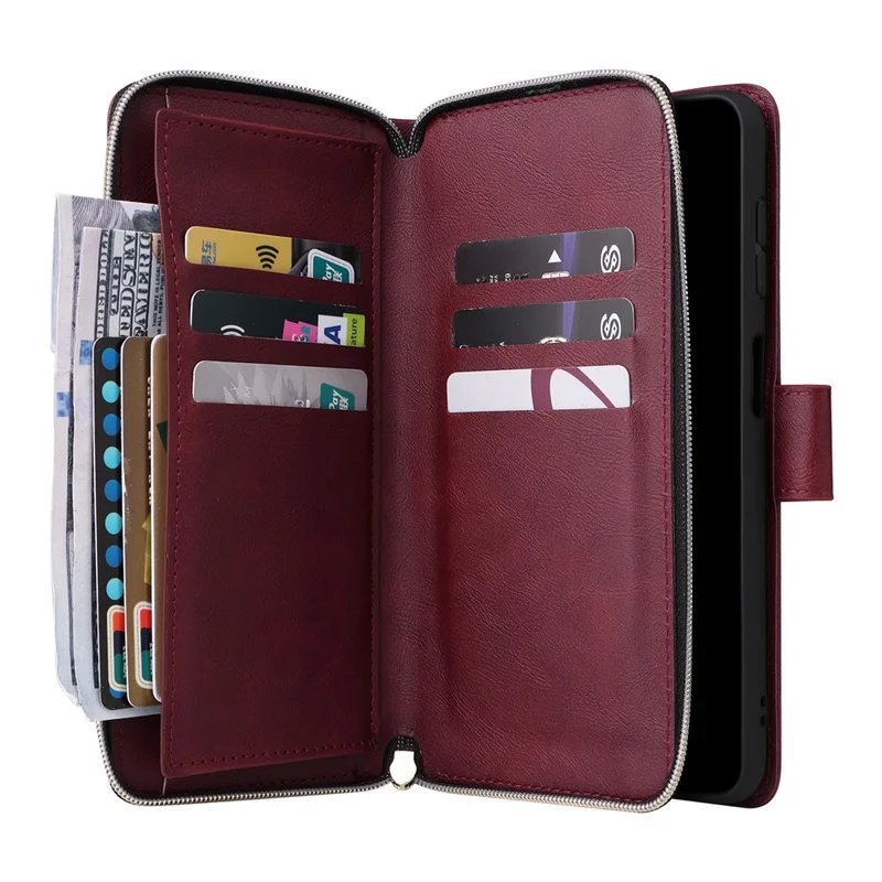 For Samsung Galaxy A36 5G Case Zipper Pocket 9 Card Slots PU Leather Phone Cover with Hand Strap - Wine Red