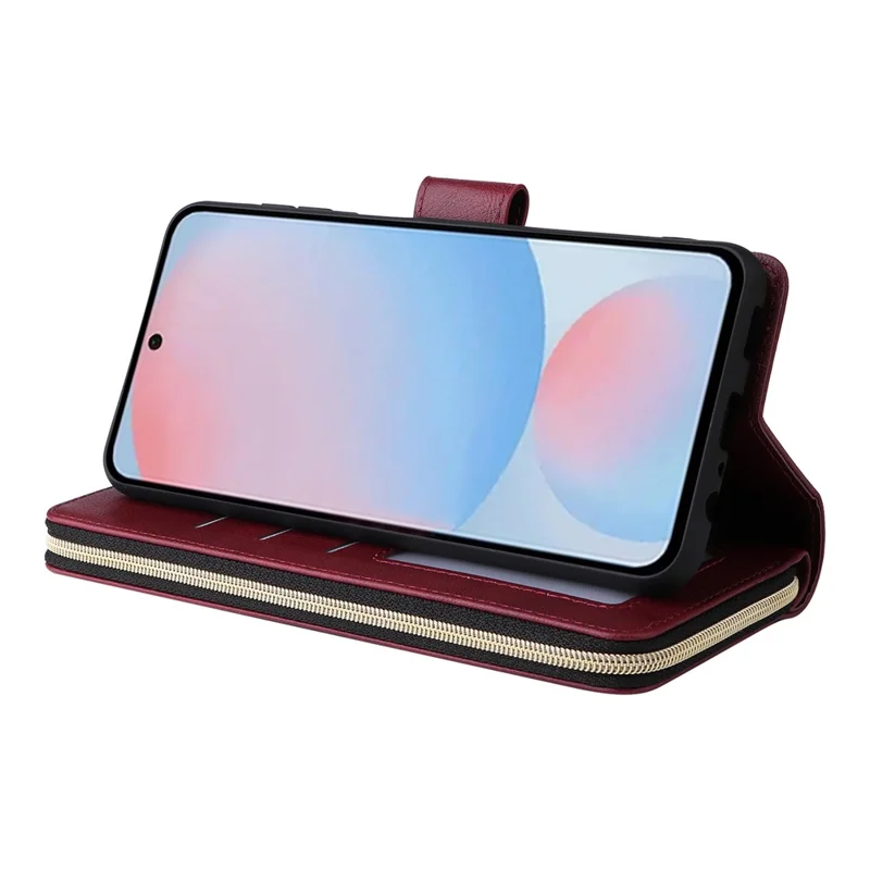 For Samsung Galaxy A36 5G Case Zipper Pocket 9 Card Slots PU Leather Phone Cover with Hand Strap - Wine Red
