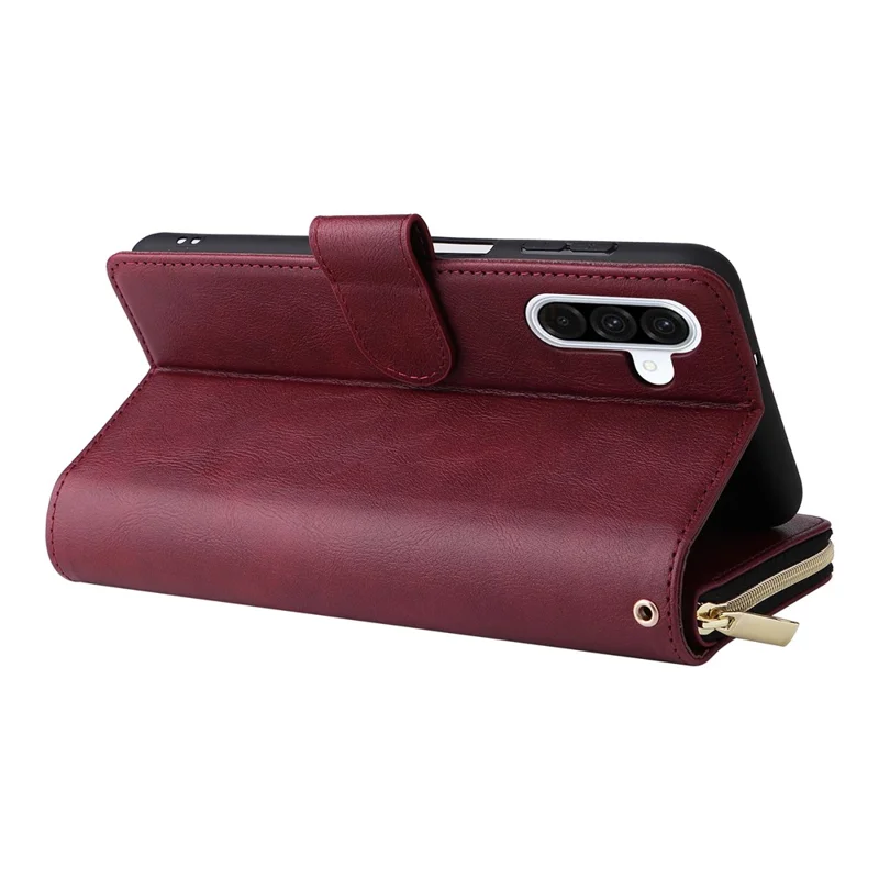 For Samsung Galaxy A36 5G Case Zipper Pocket 9 Card Slots PU Leather Phone Cover with Hand Strap - Wine Red