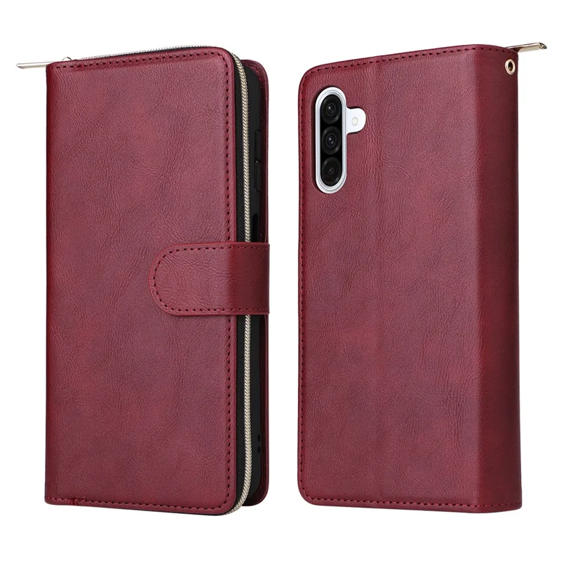 For Samsung Galaxy A36 5G Case Zipper Pocket 9 Card Slots PU Leather Phone Cover with Hand Strap - Wine Red