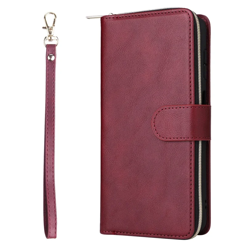 For Samsung Galaxy A36 5G Case Zipper Pocket 9 Card Slots PU Leather Phone Cover with Hand Strap - Wine Red