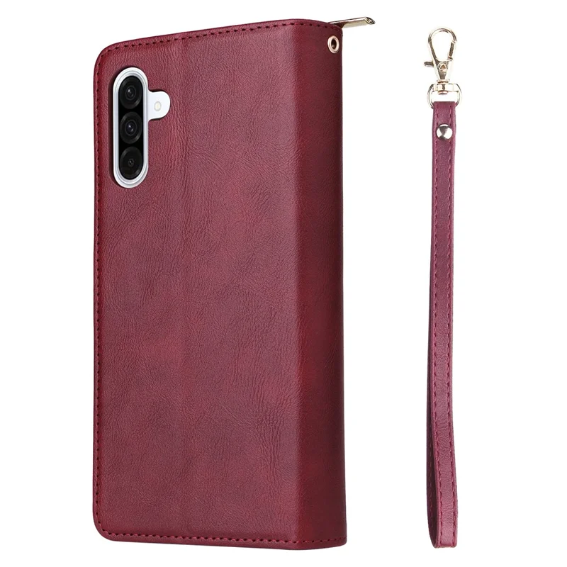 For Samsung Galaxy A36 5G Case Zipper Pocket 9 Card Slots PU Leather Phone Cover with Hand Strap - Wine Red