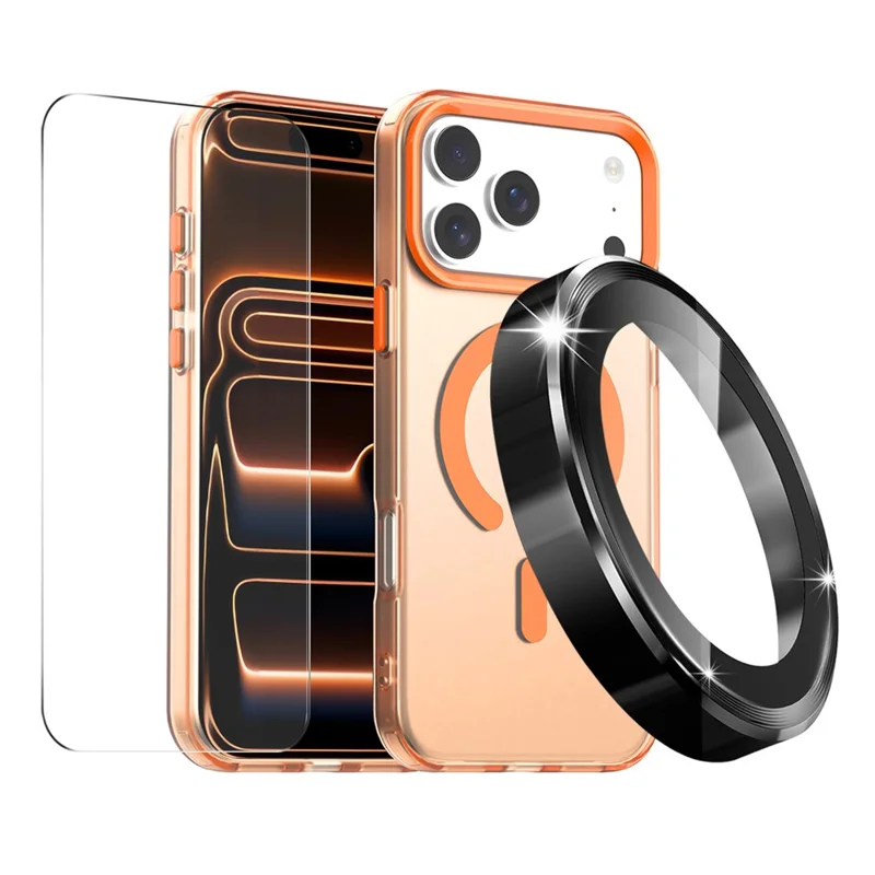 ENKAY HAT PRINCE til iPhone 17 Pro Magnetisk Case Gennemsigtig PC Håndstyrede med 9H Skærmværn + Aluminiumslegering Kameraobjektivværn Kompatibel med MagSafe - Orange