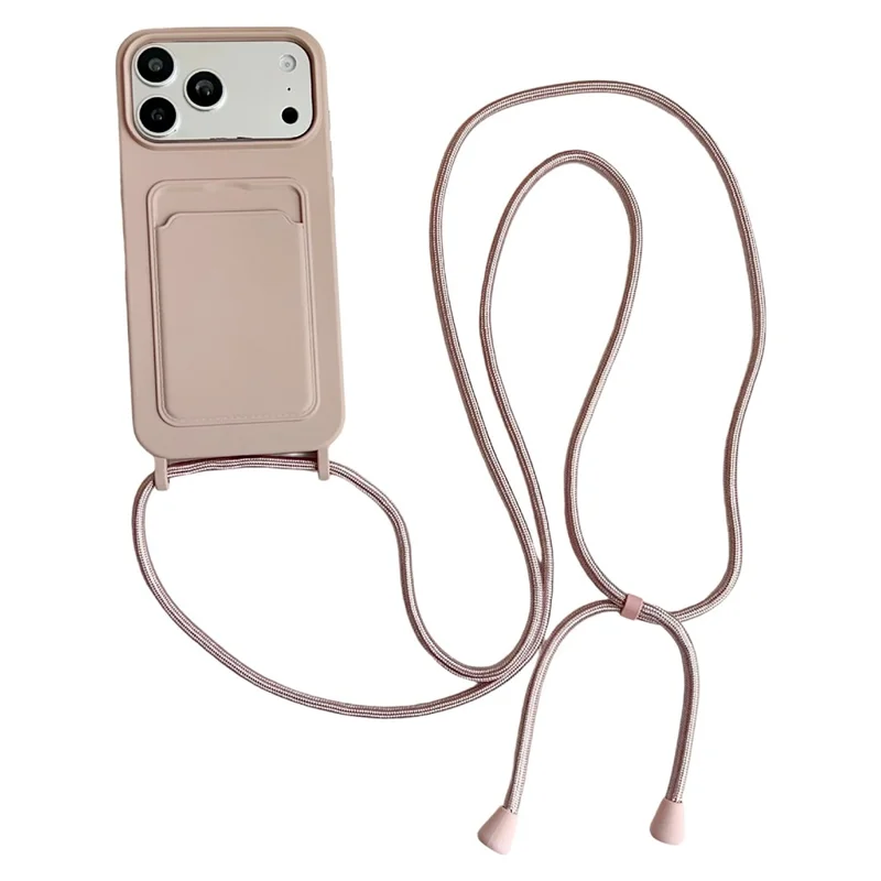 For iPhone 17 Pro Liquid Silicone Card Slot Cover Anti Scratch Protection Phone Case with Strap - Pink