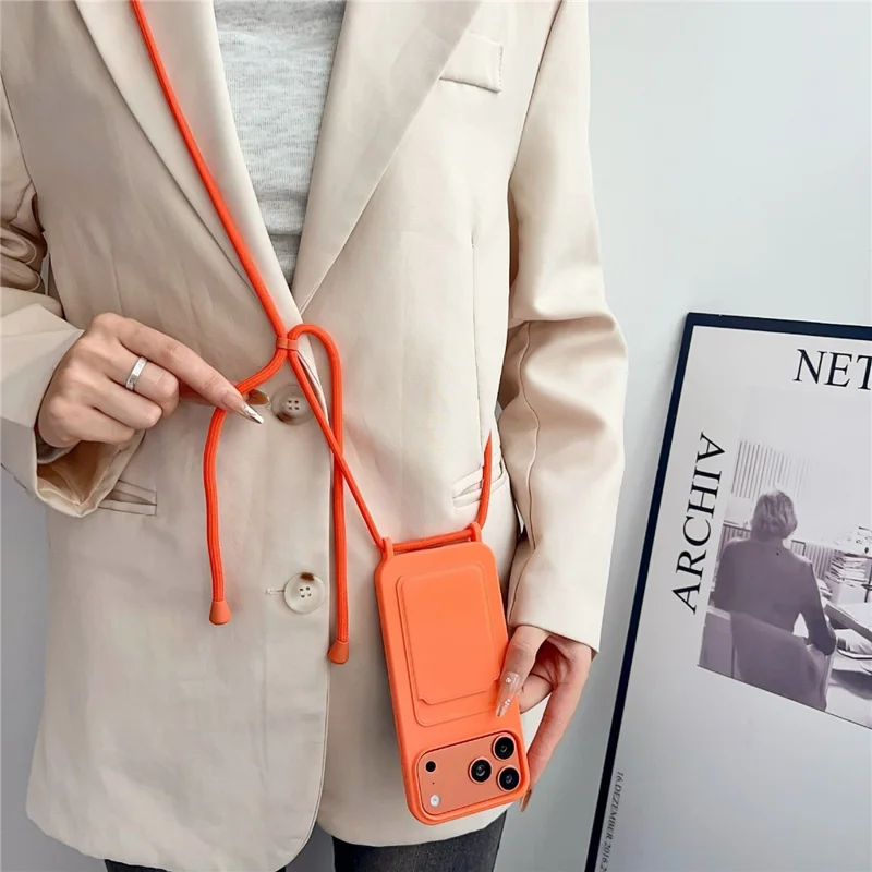 For iPhone 17 Pro Liquid Silicone Card Slot Cover Anti Scratch Protection Phone Case with Strap - Pink