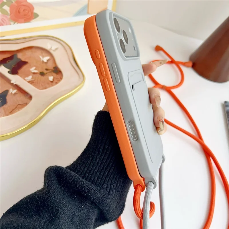 For iPhone 17 Pro Liquid Silicone Card Slot Cover Anti Scratch Protection Phone Case with Strap - Pink