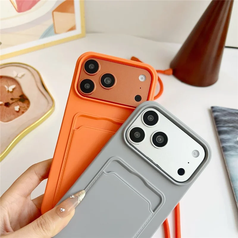 For iPhone 17 Pro Liquid Silicone Card Slot Cover Anti Scratch Protection Phone Case with Strap - Pink