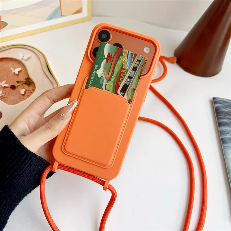 For iPhone 17 Pro Max Liquid Silicone Card Slot Cover Anti Scratch Protection Phone Case with Strap - Orange