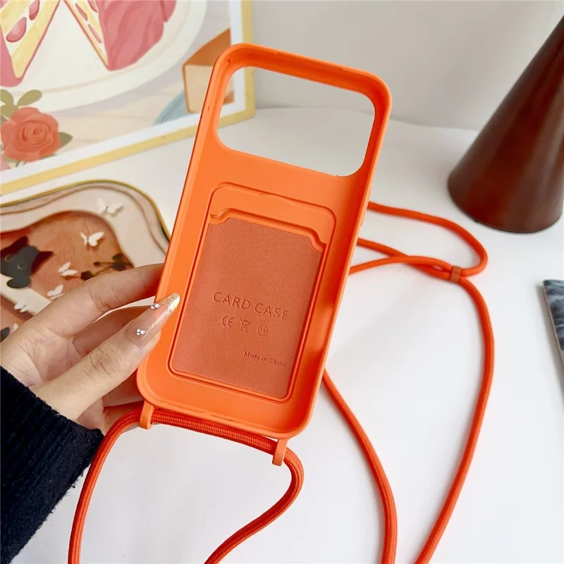 For iPhone 17 Pro Max Liquid Silicone Card Slot Cover Anti Scratch Protection Phone Case with Strap - Orange
