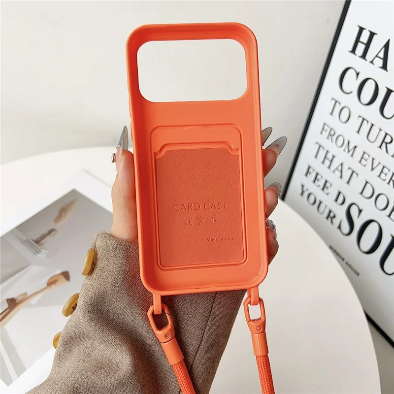 For iPhone 17 Pro Case Liquid Silicone Card Holder Protective Phone Cover with Adjustable Crossbody Strap - Orange