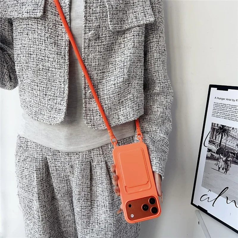 For iPhone 17 Pro Case Liquid Silicone Card Holder Protective Phone Cover with Adjustable Crossbody Strap - Orange