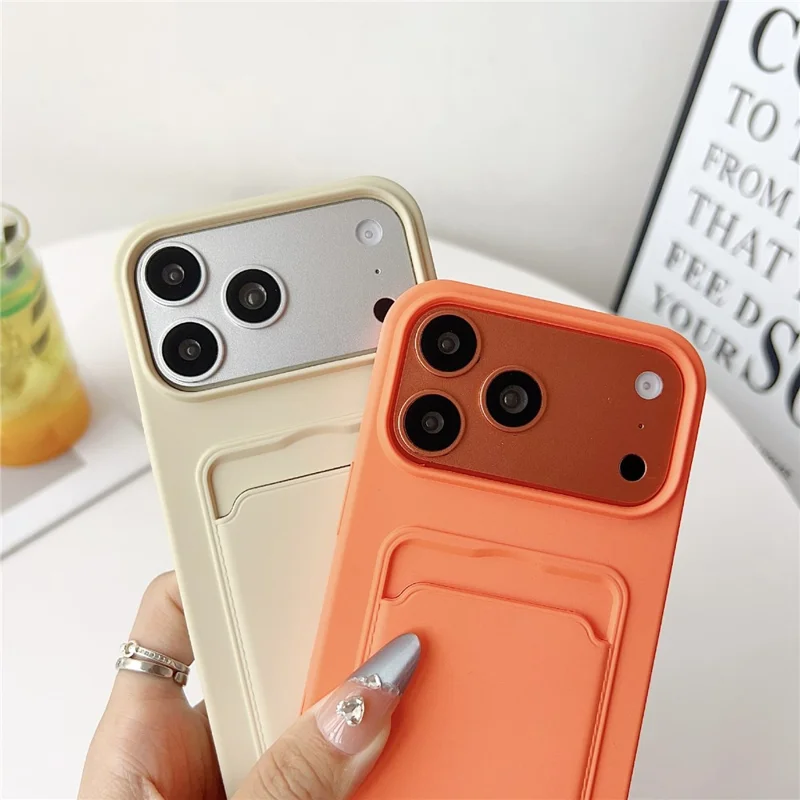 For iPhone 17 Pro Max Case Liquid Silicone Card Holder Protective Phone Cover with Adjustable Crossbody Strap - Orange