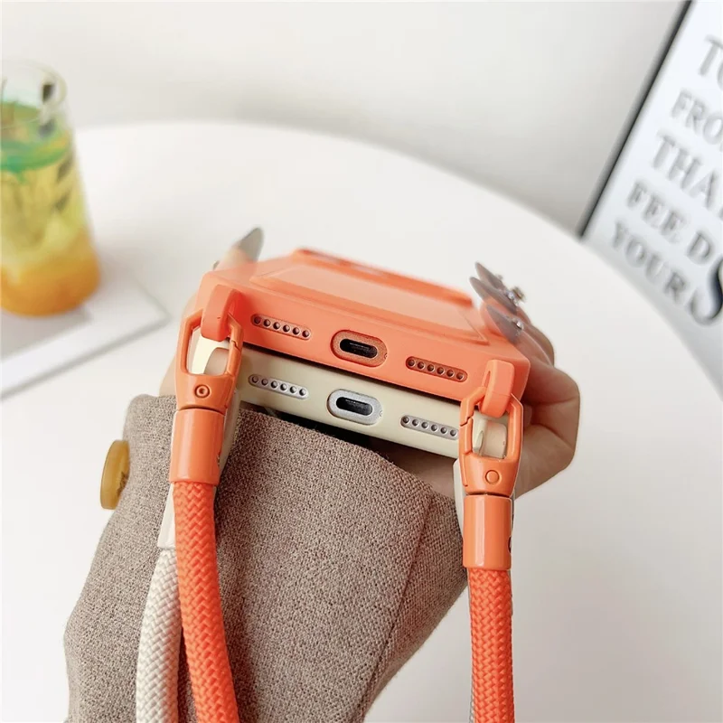 For iPhone 17 Pro Max Case Liquid Silicone Card Holder Protective Phone Cover with Adjustable Crossbody Strap - Orange