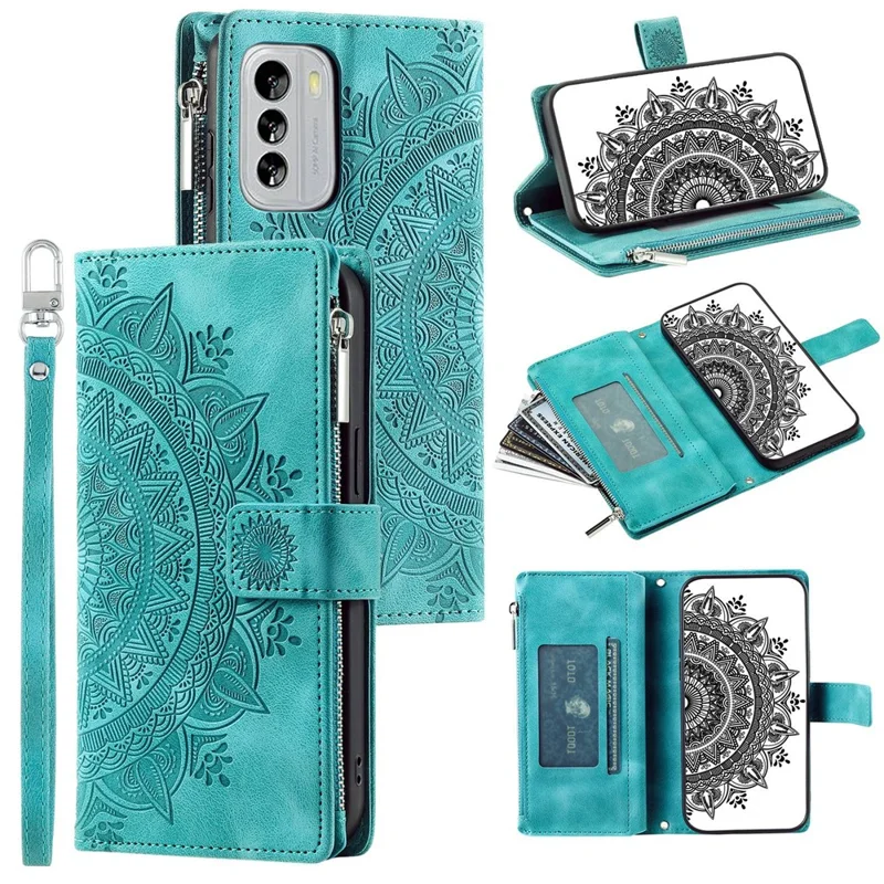 Protective Case for Nokia G60 5G Mandala Flower Imprinted PU Leather Case Multi Card Slot Anti-Fall Cover with Zippered Wallet  /  Strap - Green