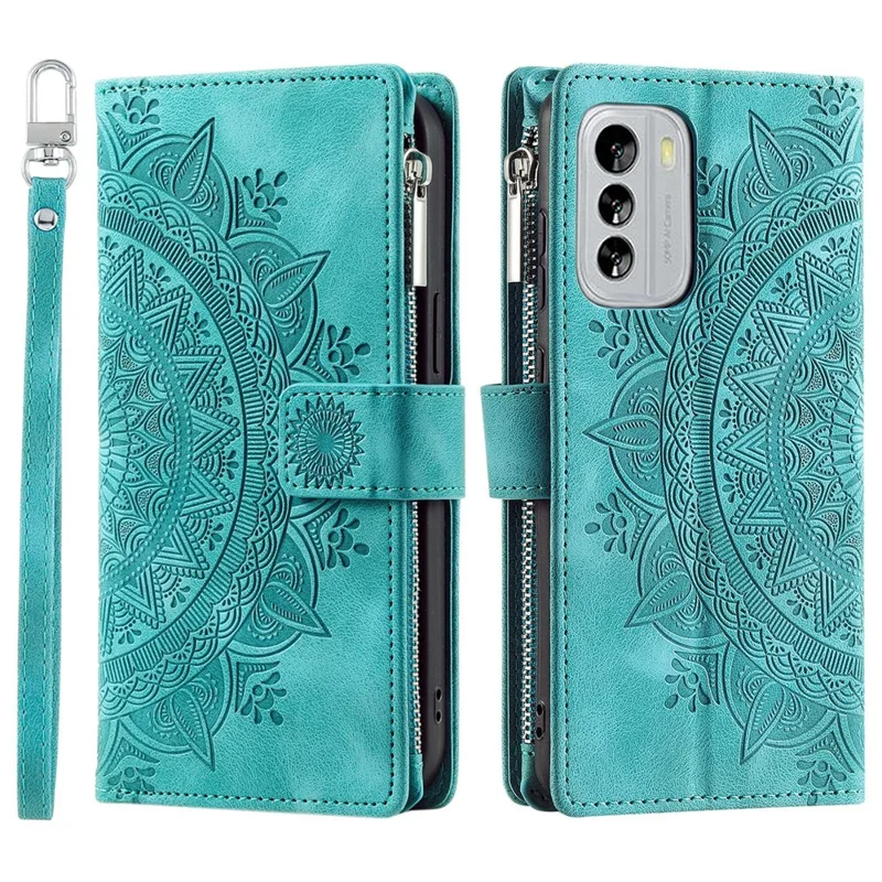 Protective Case for Nokia G60 5G Mandala Flower Imprinted PU Leather Case Multi Card Slot Anti-Fall Cover with Zippered Wallet  /  Strap - Green