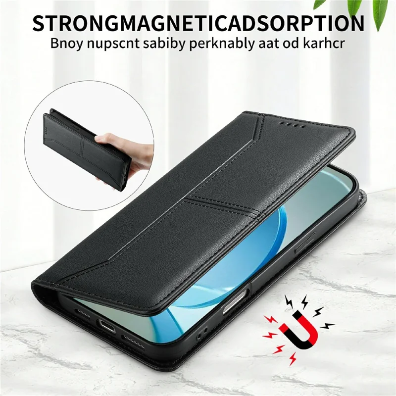 For iPhone 17 Wallet Stand Case Line Splicing TPU PU Leather Phone Cover - Black